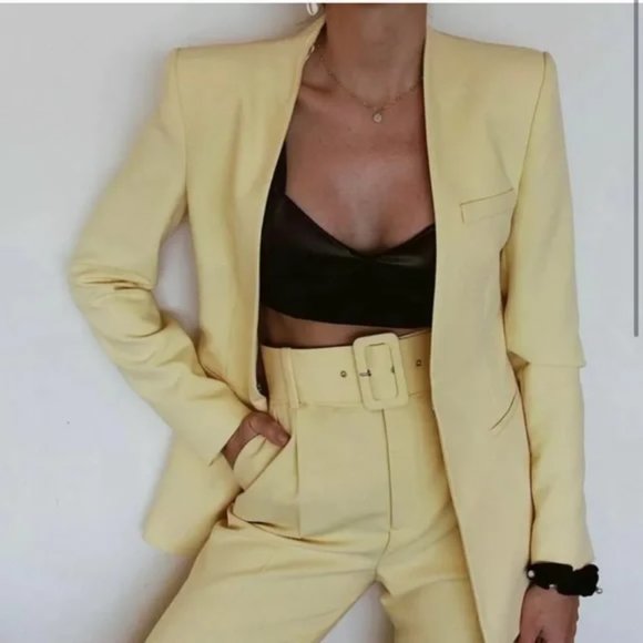 ZARA 2 Piece Lapelless Blazer + Pants Yellow - Picture 2 of 5